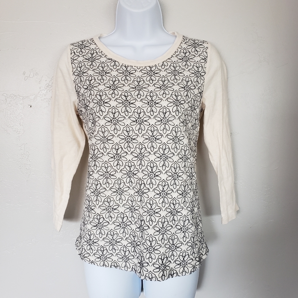 J.Crew Embroidered Front Top Cream Black Small